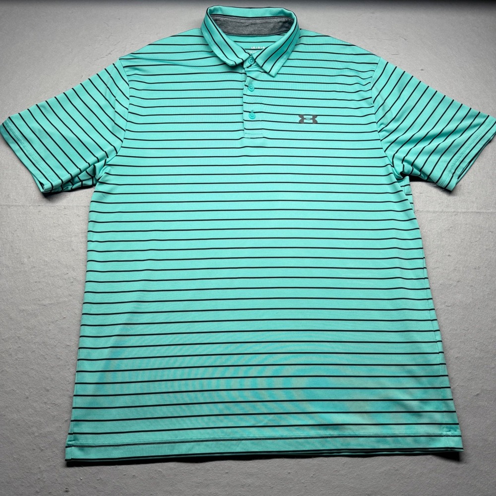 Under Armour Polo Mens L Teal The Playoff Polo Striped HeatGear Short Sleeve